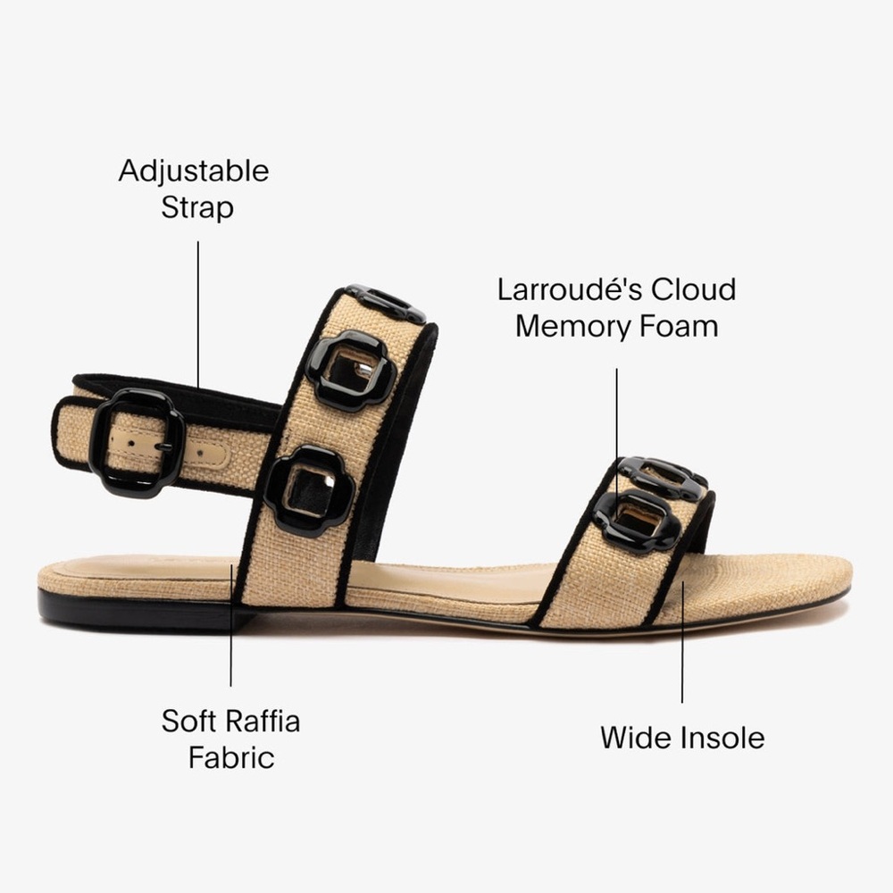 Larroude Milan Flat Sandal In Beige Raffia and Black Trimming - Picture 3 of 11